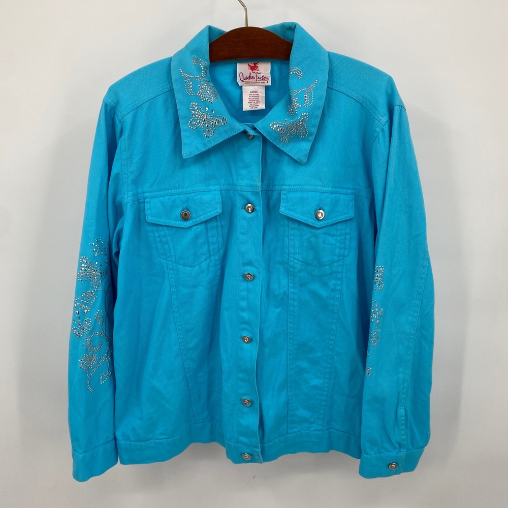 Quacker Factory Women's Size L Embellished Butterfly Denim Jacket Turquoise Blue